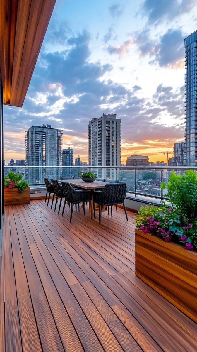 23 verträumte Dachterrasse Designs für modernes Leben im Freien 60 Modernes Deck mit Glasbalustraden und Panorama -Stadtansicht 1