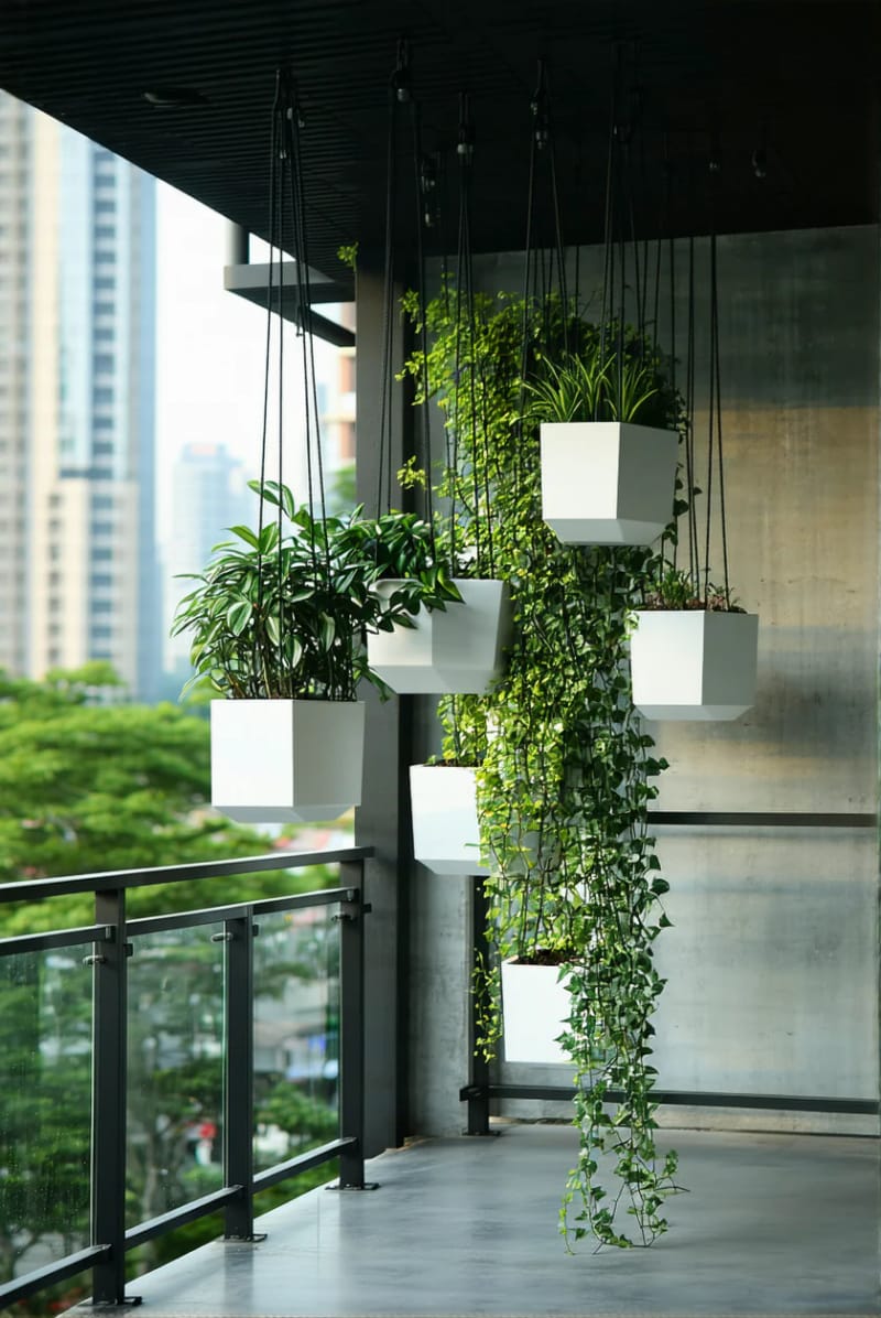 15 unique balcony with hanging plants for urban rooms 13 Modern geometric planters that are hung at different heights 1