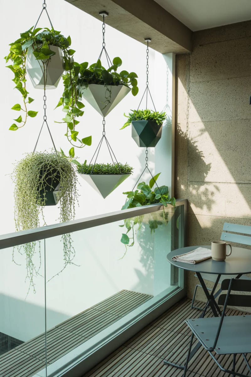 15 unique balcony with hanging plants for urban rooms 15 Modern geometric planters that are hung at different heights 1
