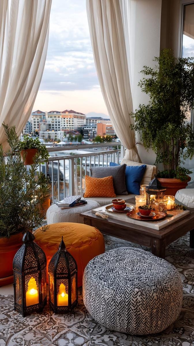 21 stylish apartment balcony this season 23 The Moroccan -inspired balcony with patterned tiles, poufs and lantern clusters 1
