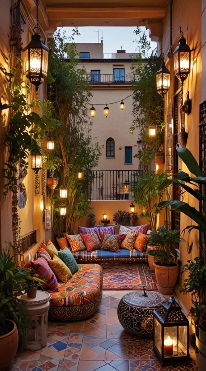 21 stylish apartment balcony this season 24 The Moroccan -inspired balcony with patterned tiles, poufs and lantern clusters 1