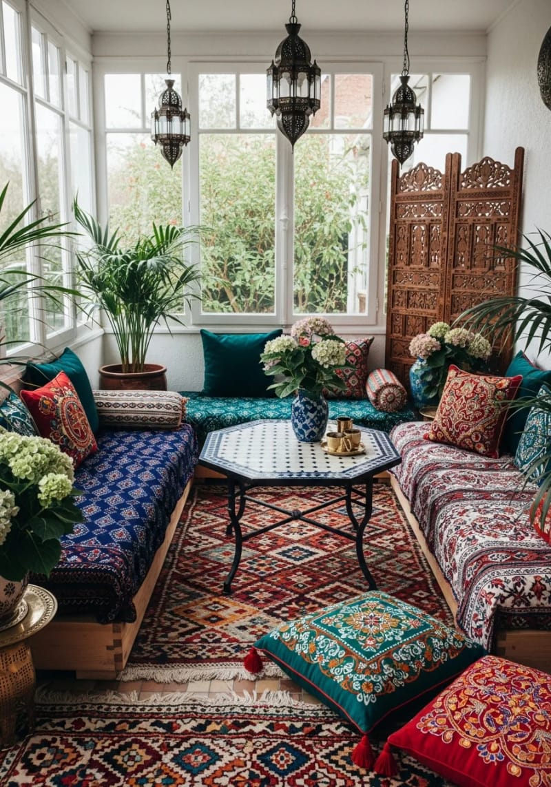 19 small winter garden ideas to lighten small rooms 53 Moroccan -inspired winter garden with lanterns and patterned textiles 1