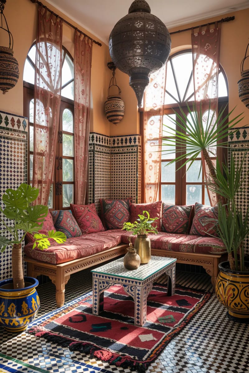 19 small conservatory ideas to open small rooms 54 Moroccan -inspired winter garden with lanterns and patterned textiles 1