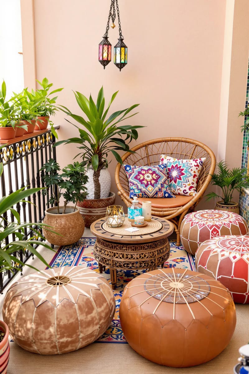 25 atemberaubende Balkondekorationsideen für moderne Räume 38 Marokkanische Poufs und gemusterte Kissen für einen globalen Look 1