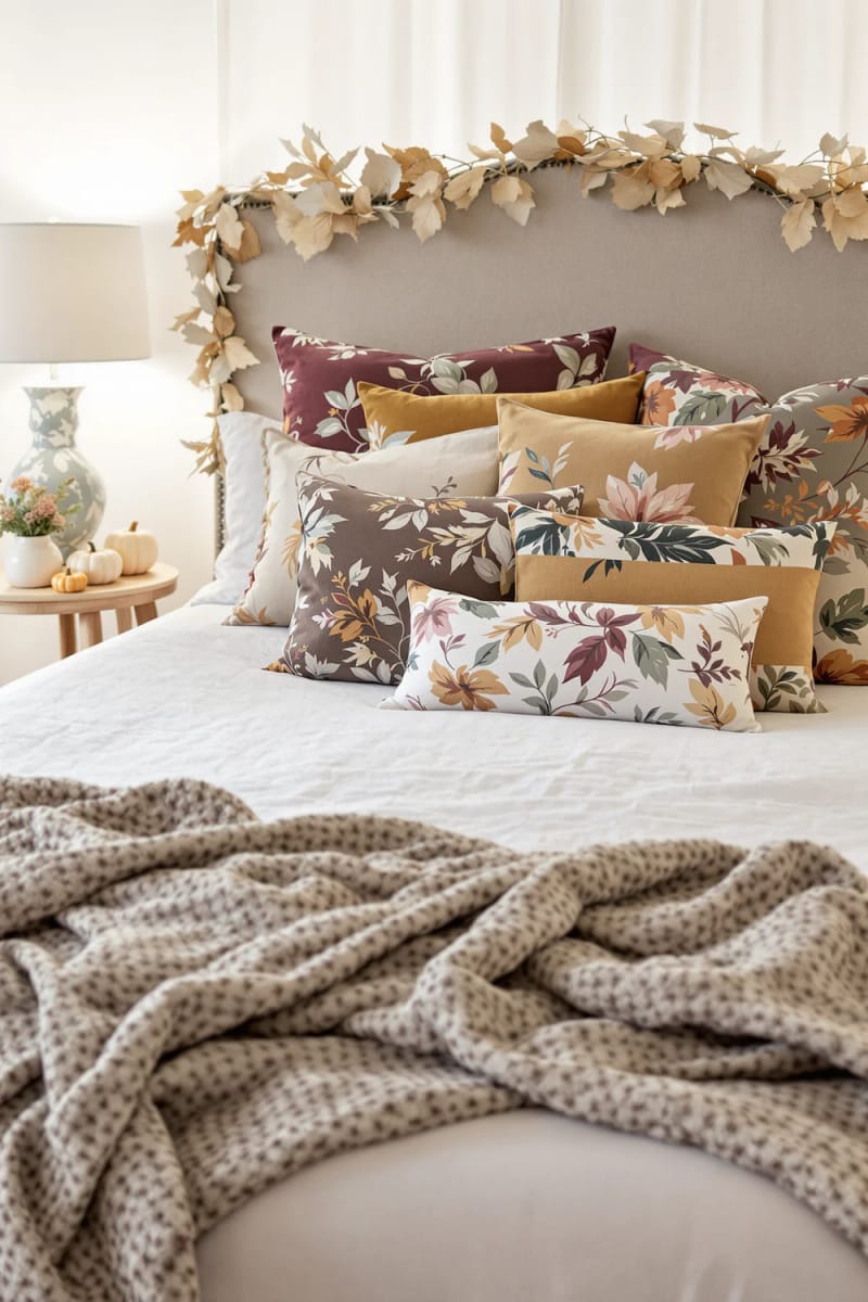 21 Cozy autumn bedroom decoration ideas for trying this autumn 29 Damped flower pillow in rich autumn tones 1