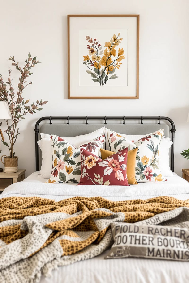 21 Cozy autumn bedroom decoration ideas for trying on 30.30 Damped flower pillow in rich autumn tones 1