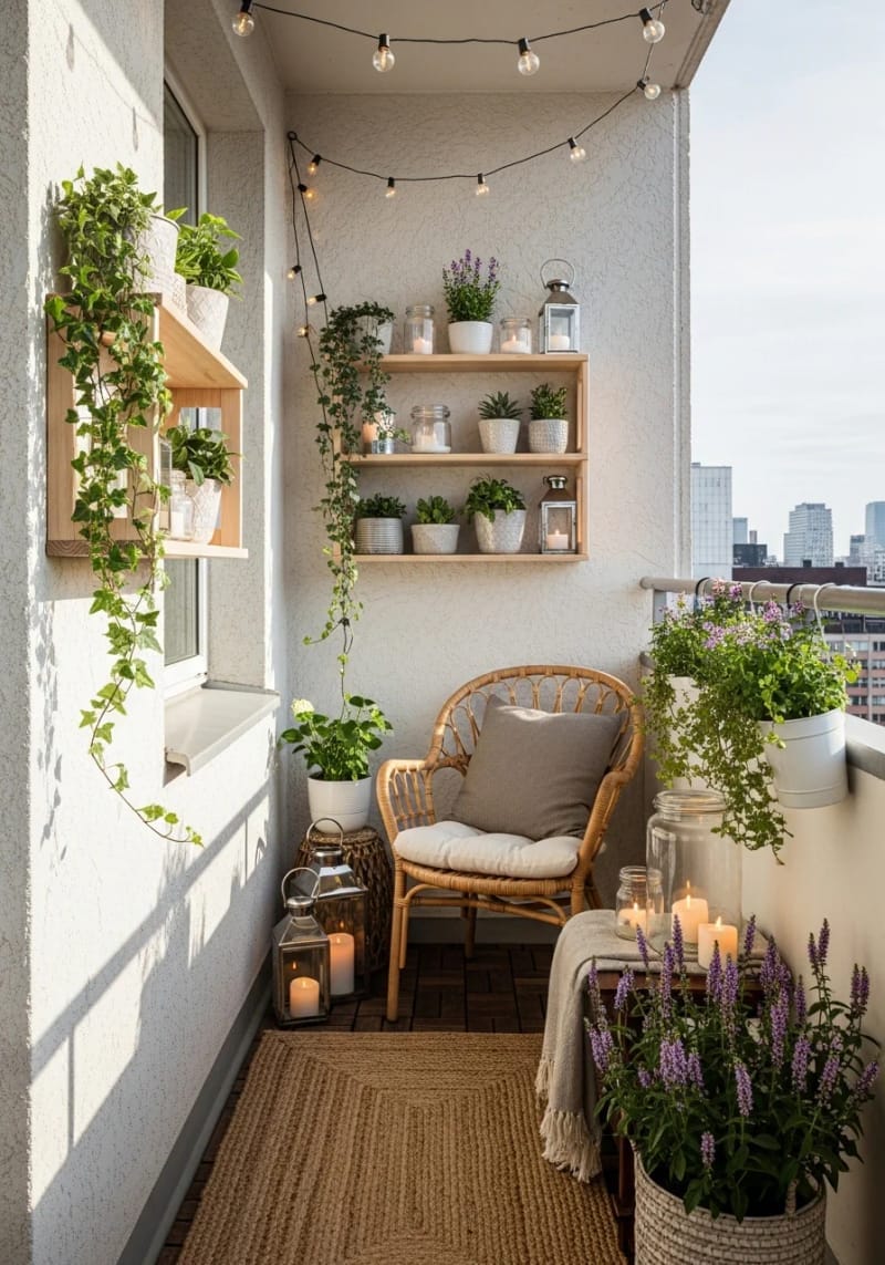 25 gemütliche kleine Balkondesign -Ideen, um Ihren Raum zu erhöhen 35 Schmale, an der Wand montierte Regale mit Topfpflanzen und Kerzen 1