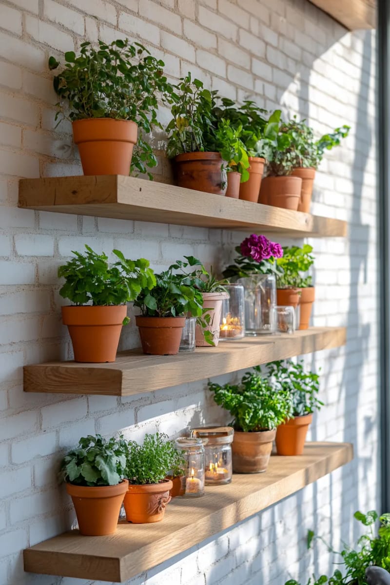 25 gemütliche kleine Balkondesign -Ideen, um Ihren Raum zu erhöhen 36 Schmale, an der Wand montierte Regale mit Topfpflanzen und Kerzen 1