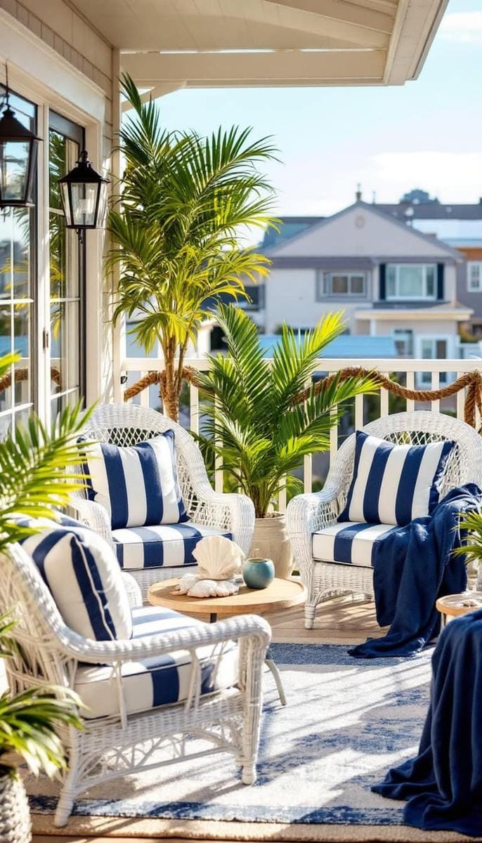 21 stylish apartment balcony this season 39 Nautically inspired balcony with blue striped pillows and rope accents 1