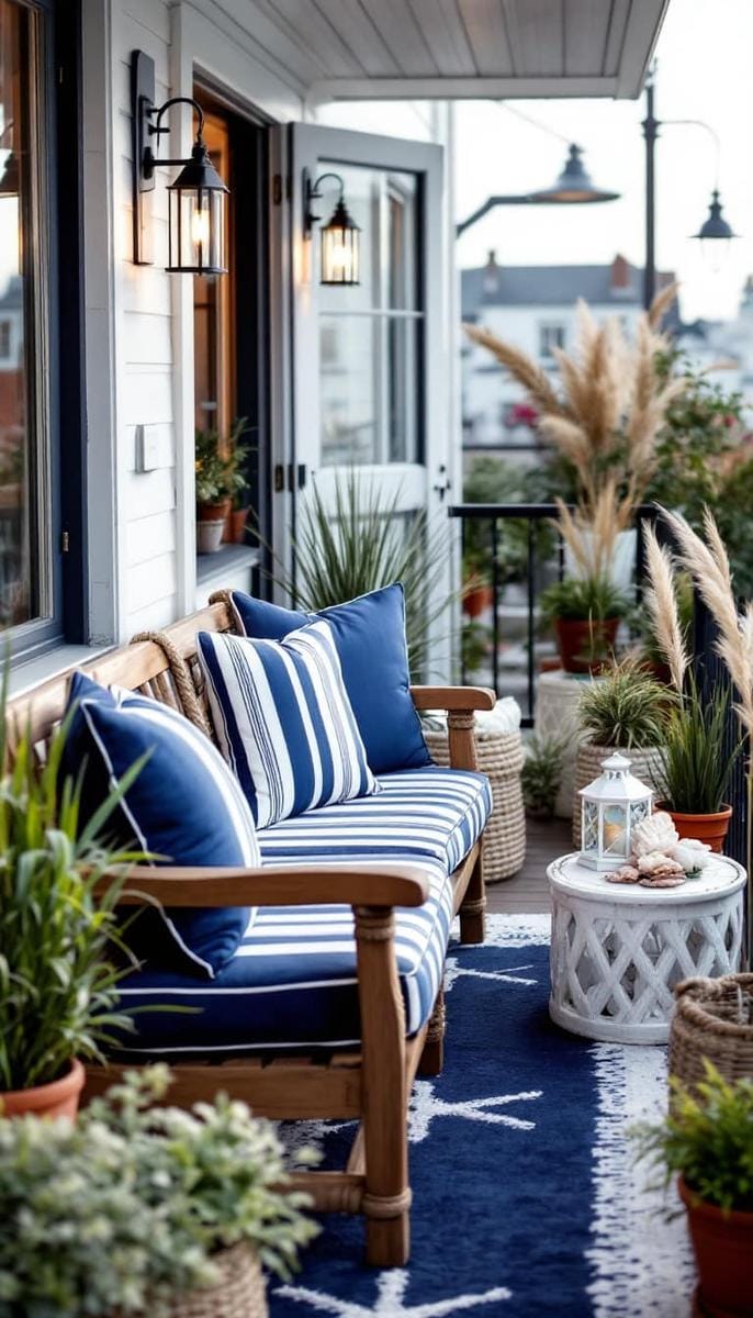 21 stylish apartment balcony this season 40 Nautically inspired balcony with blue striped pillows and rope accents 1