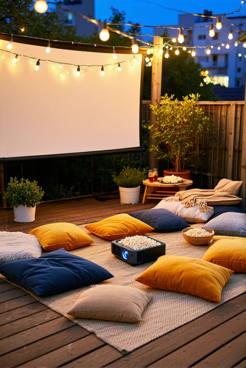 25 atemberaubende Balkondekorationsideen für moderne Räume 41 Outdoor Cinema Setup mit Projektor und Bodenkissen 1