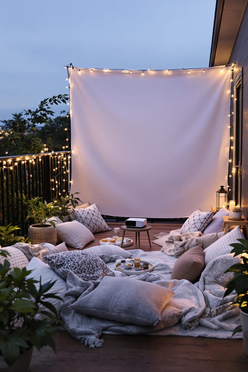 25 atemberaubende Balkondekorationsideen für moderne Räume 42 Outdoor Cinema Setup mit Projektor und Bodenkissen 1