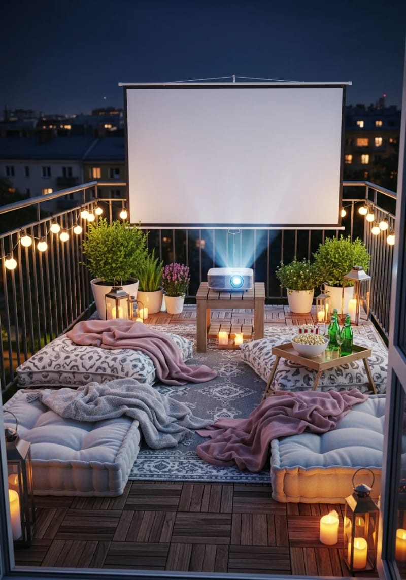 25 atemberaubende Balkondekorationsideen für moderne Räume 43 Outdoor Cinema Setup mit Projektor und Bodenkissen 1