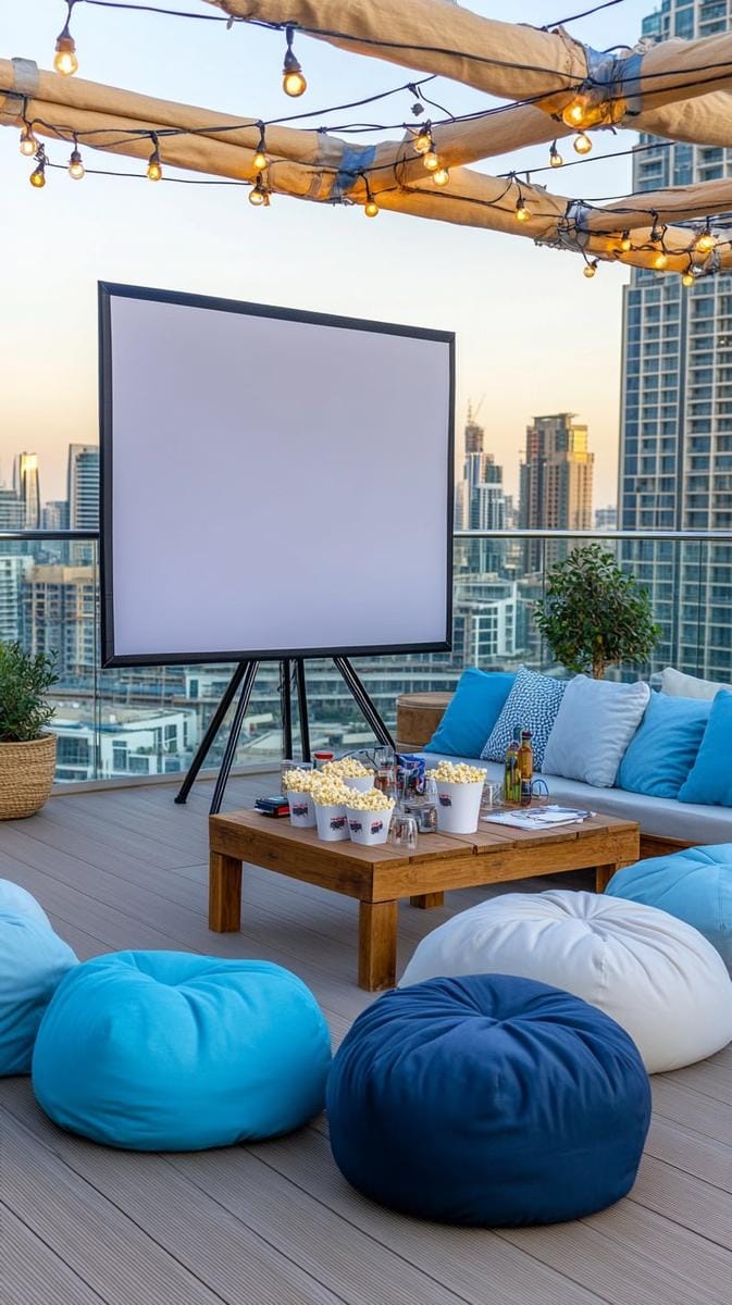 23 verträumte Dachterrasse Designs für modernes Leben im Freien 15 Outdoor Cinema Terrace mit einziehbarem Bildschirm und Schnurlichtern 1