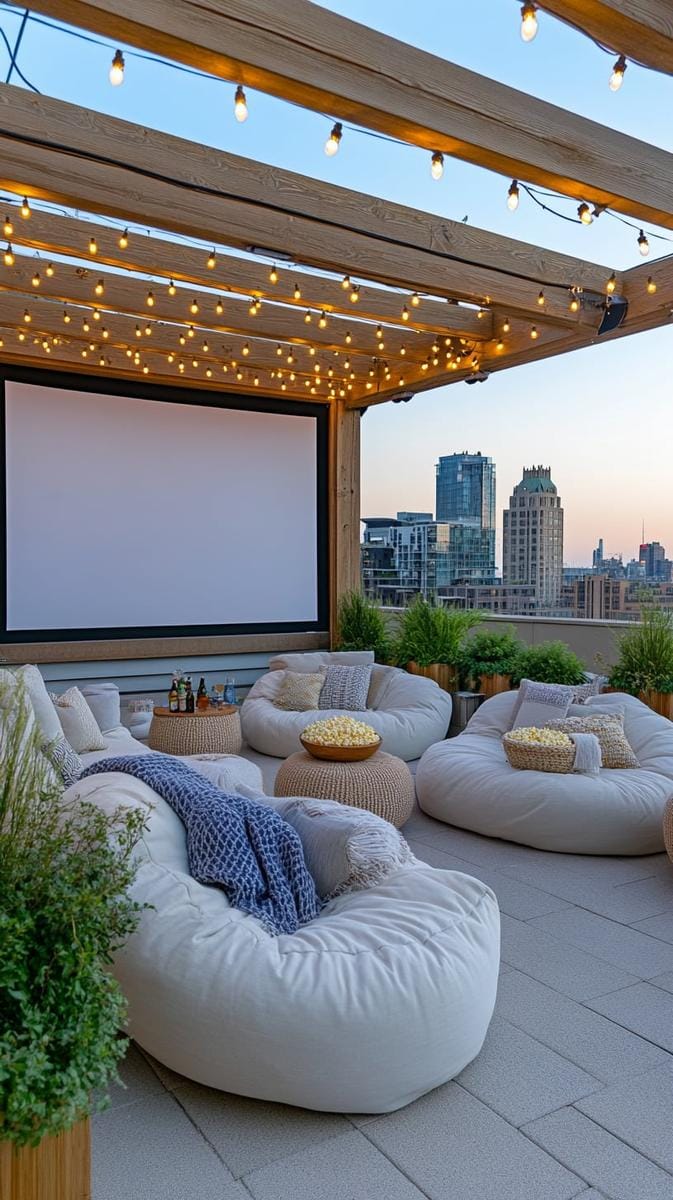 23 verträumte Dachterrasse Designs für modernes Leben im Freien 16 Outdoor Cinema Terrace mit einziehbarem Bildschirm und Schnurlichtern 1