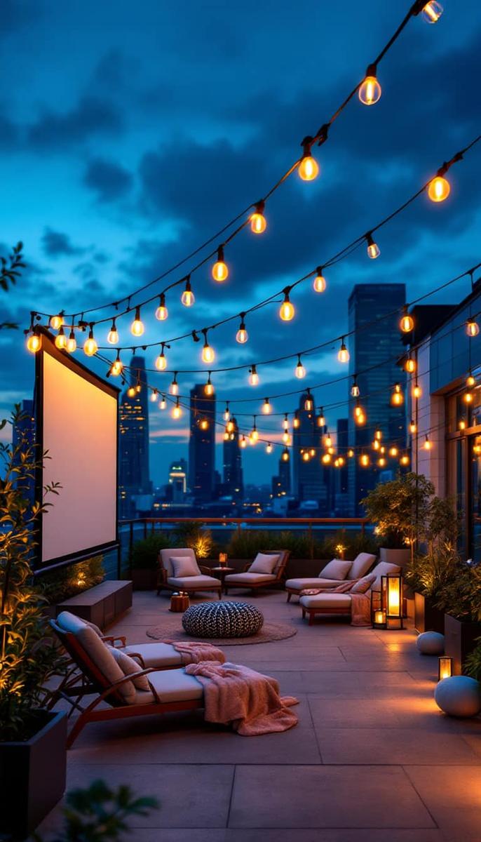 23 verträumte Dachterrasse Designs für modernes Leben im Freien 17 Outdoor Cinema Terrace mit einziehbarem Bildschirm und Schnurlichtern 1