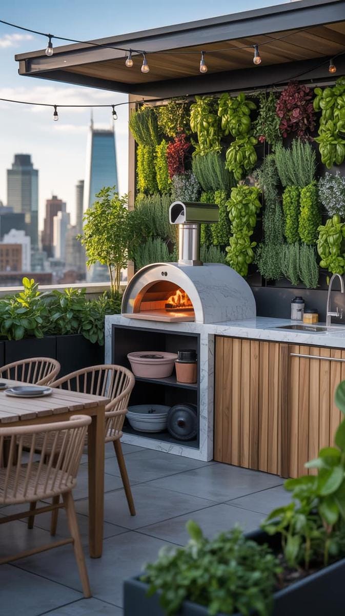 23 verträumte Dachterrasse Designs für modernes Outdoor -Leben 41 Außenküchenterrasse mit Pizzaofen und Kräuterwand 1