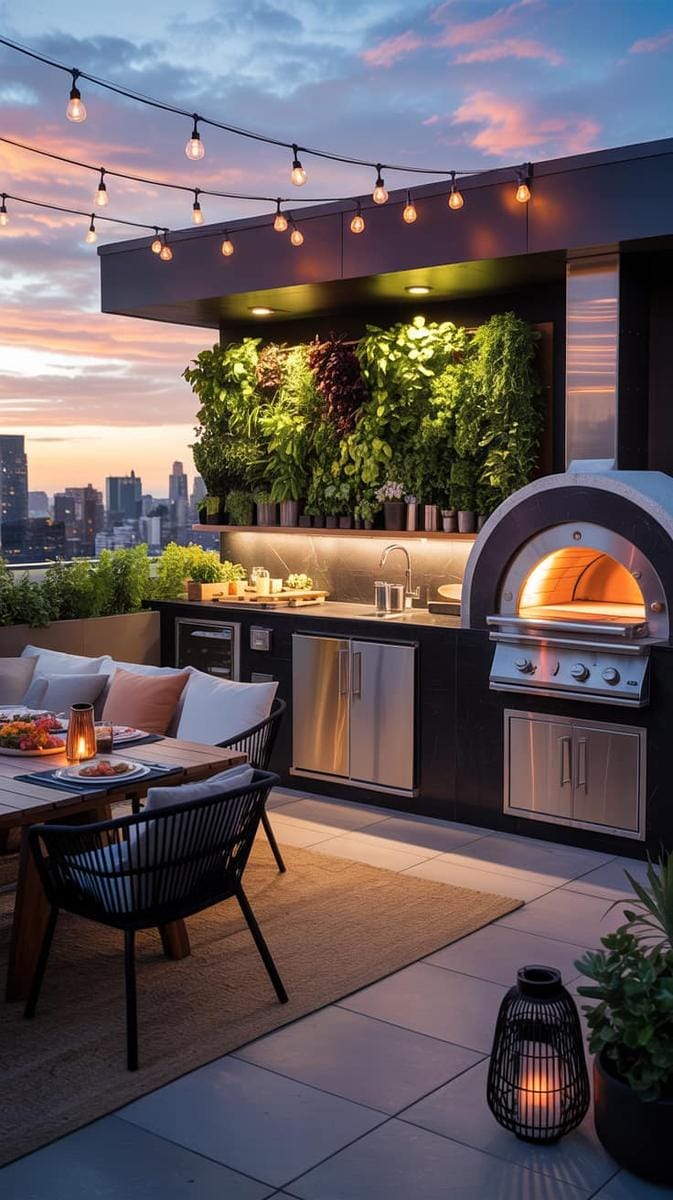 23 verträumte Dachterrasse Designs für modernes Outdoor -Leben 42 Außenküchenterrasse mit Pizzaofen und Kräuterwand 1