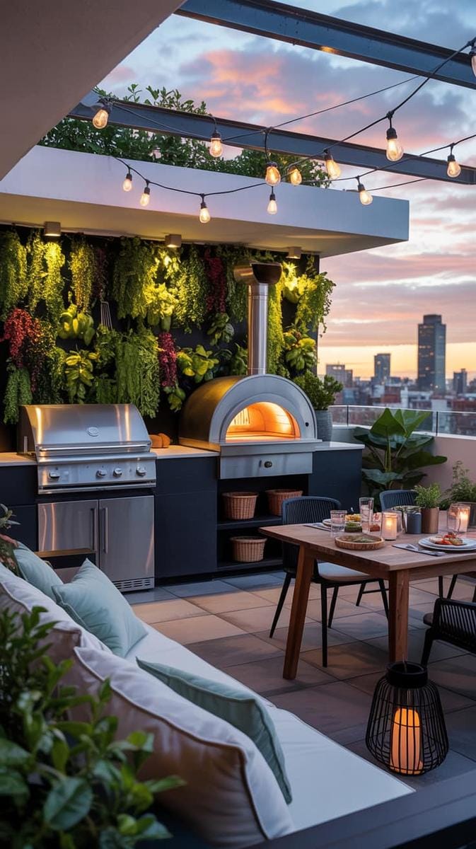 23 verträumte Dachterrasse Designs für modernes Outdoor -Leben 43 Außenküchenterrasse mit Pizzaofen und Kräuterwand 1
