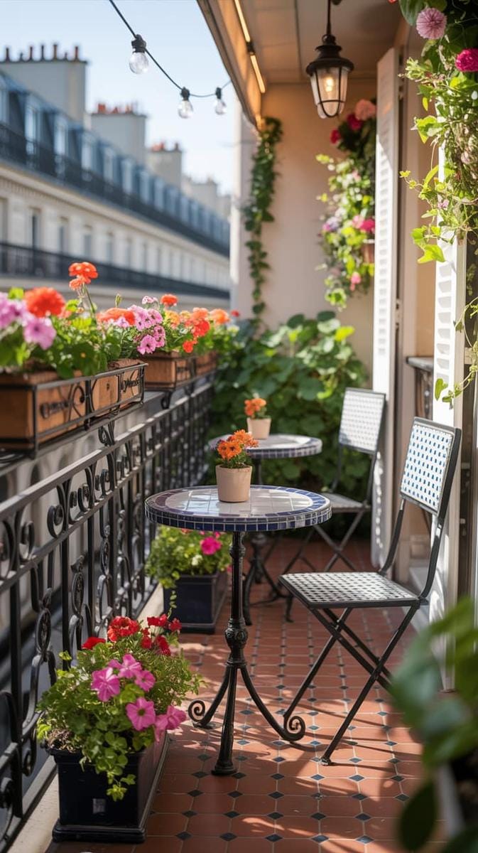21 stylish apartment balcony this season 32 Parisian café atmosphere with wrought-iron railings, mosaic tables and flower boxes 1