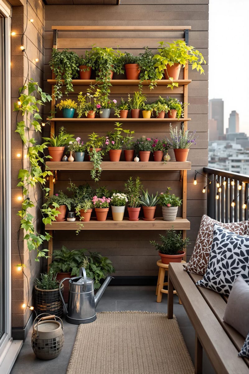 19 breathtaking urban garden balcony for a stylish outside area 33 33 Place embroidered wooden shelves for a compact balcony container garden 1