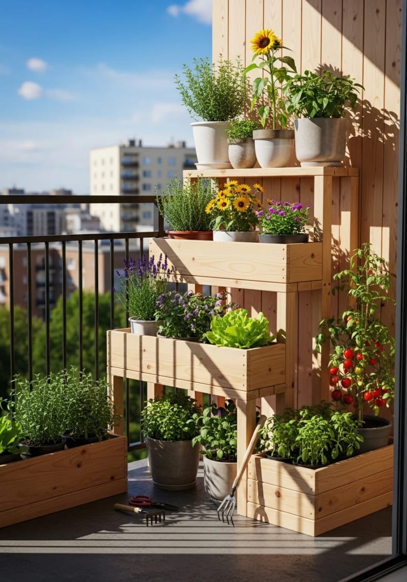 19 breathtaking urban garden balcony for a stylish outdoor area 34 34 Place embroidered wooden shelves for a compact balcony container garden 1