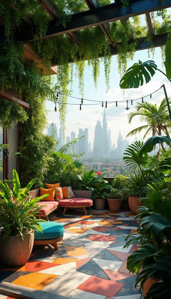 23 verträumte Dachterrasse Designs für modernes Leben im Freien 3 Pflanzengefüllte städtische Dschungel mit hängenden Farnen und geometrischen Fliesenböden 1