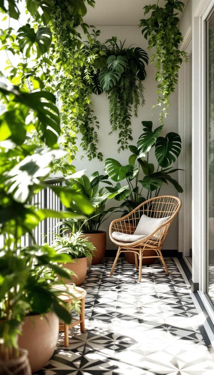 23 verträumte Dachterrasse Designs für modernes Leben im Freien 4 Pflanzengefüllte städtische Dschungel mit hängenden Farnen und geometrischen Fliesenböden 1