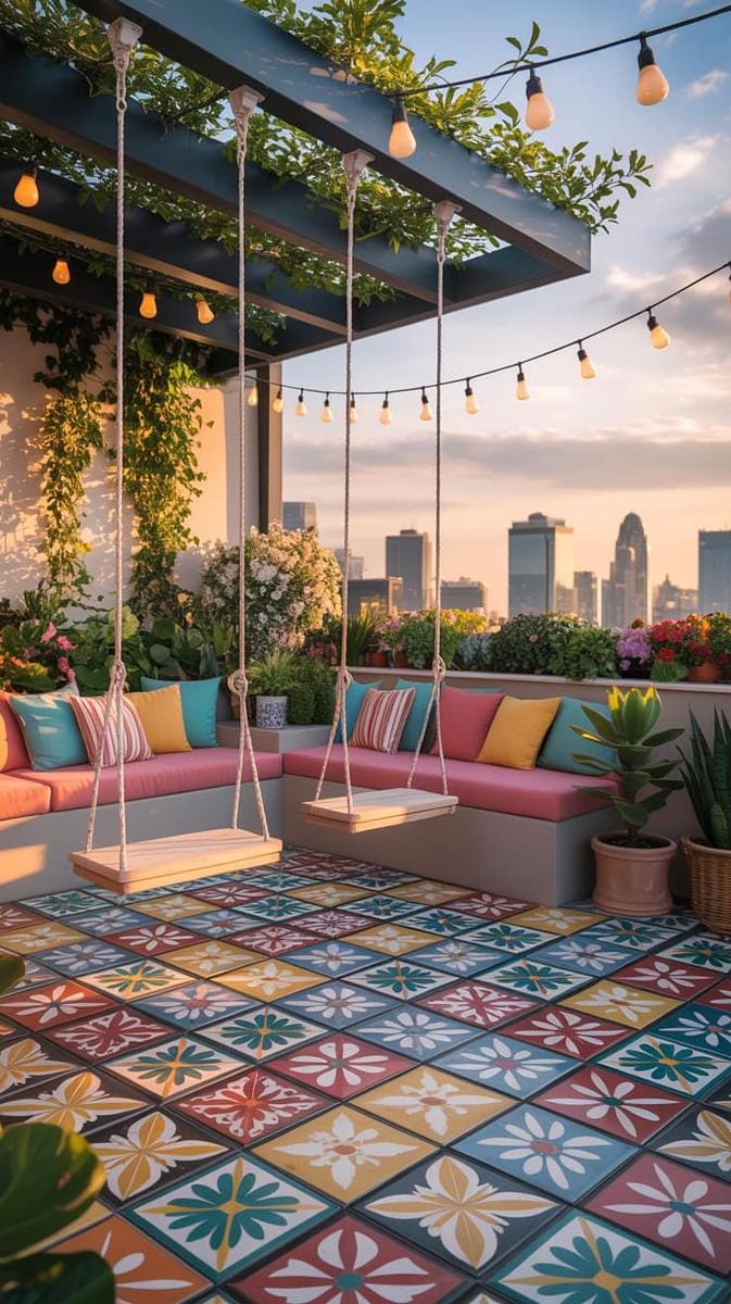 23 verträumte Dachterrasse Designs für modernes Leben im Freien 34 Verspielte Terrasse mit eingebauten Schaukeln und lebendigen gemusterten Fliesen 1
