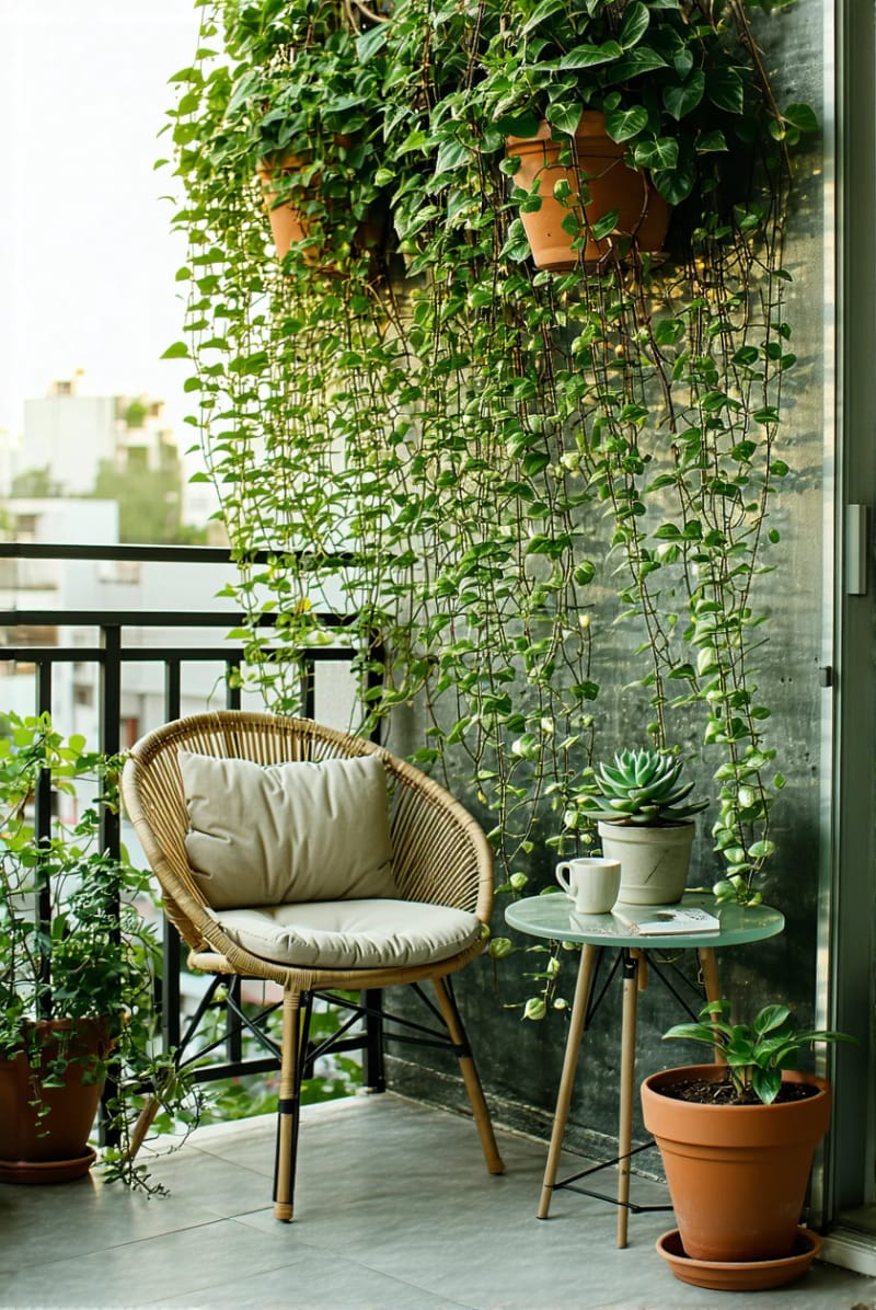 15 unique balcony with hanging plants for urban rooms 35 Privacy screen of cascading pothos and pearl string 1
