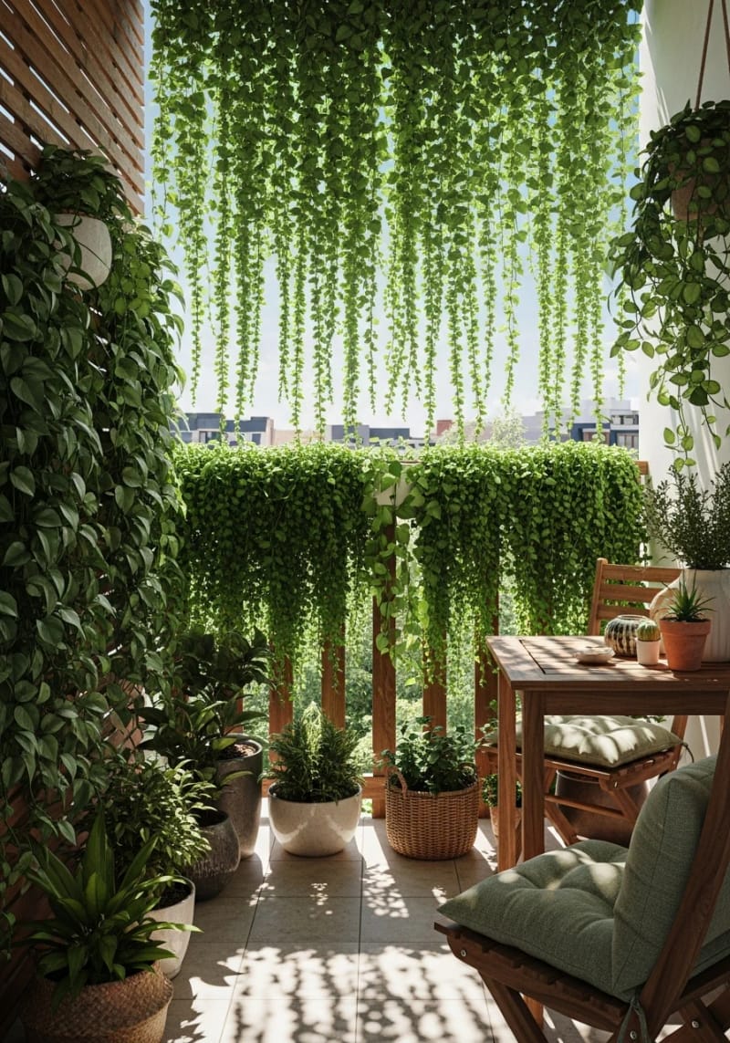 15 unique balcony with hanging plants for urban rooms 37 Privacy screen of cascading pothos and pearl string 1