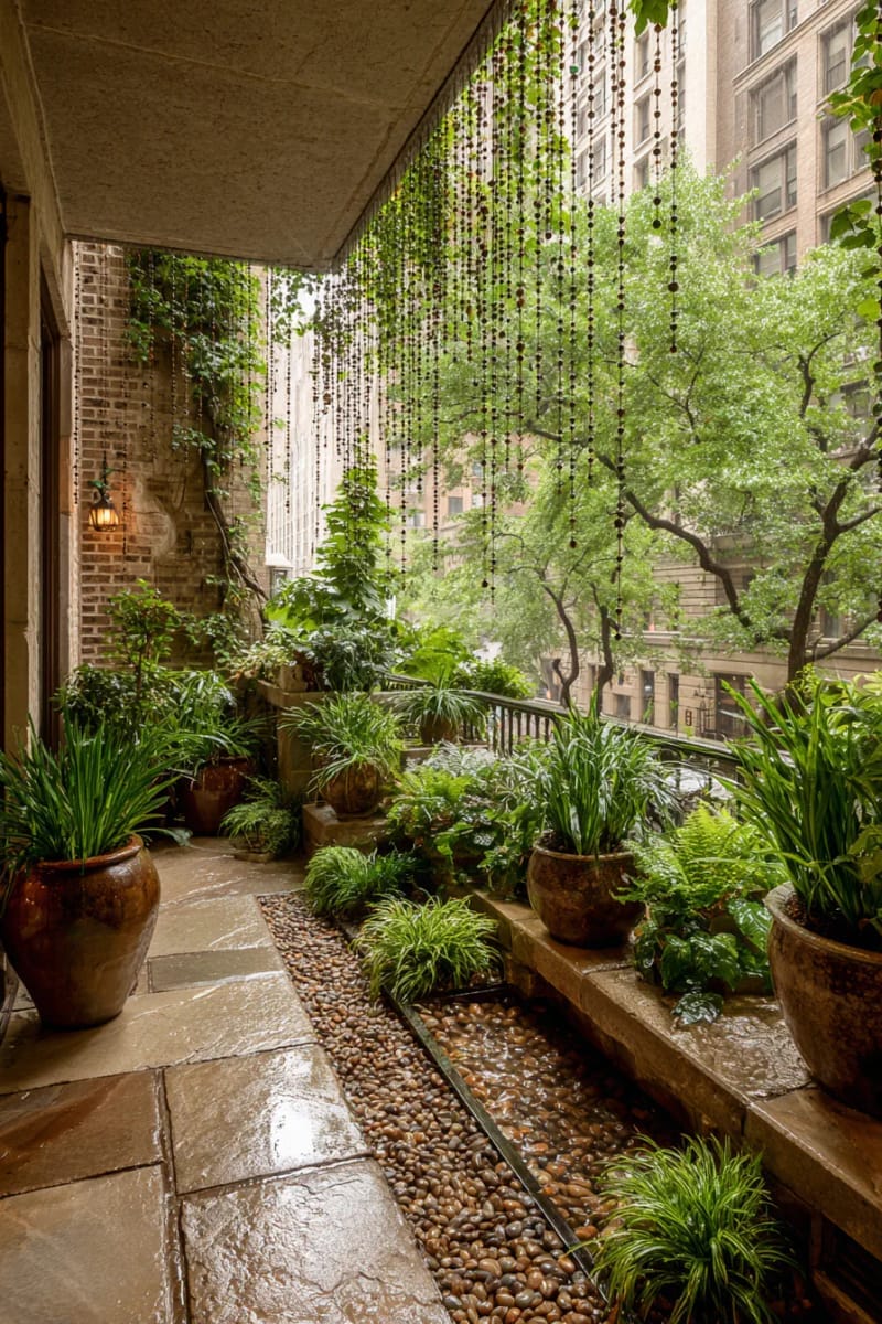 25 Unique Terrace Garden Ideas to Elevate Your Outdoor Space 77 rain garden with water-loving plants and decorative rain chains 1