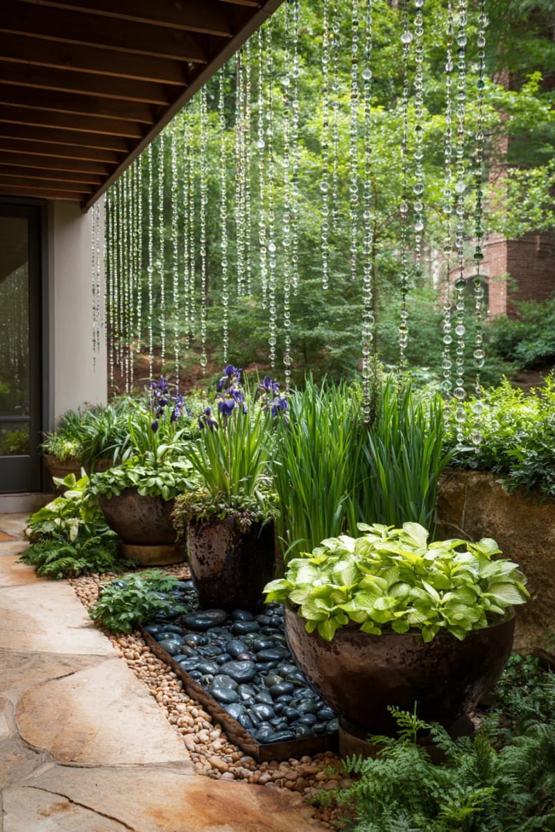 25 Unique Terrace Garden Ideas to Elevate Your Outdoor Space 79 rain garden with water-loving plants and decorative rain chains 1