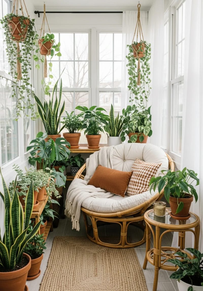 19 small conservatory ideas to open small rooms 4 Rattan furniture and over -shining plants for a cozy small winter garden retreat 1