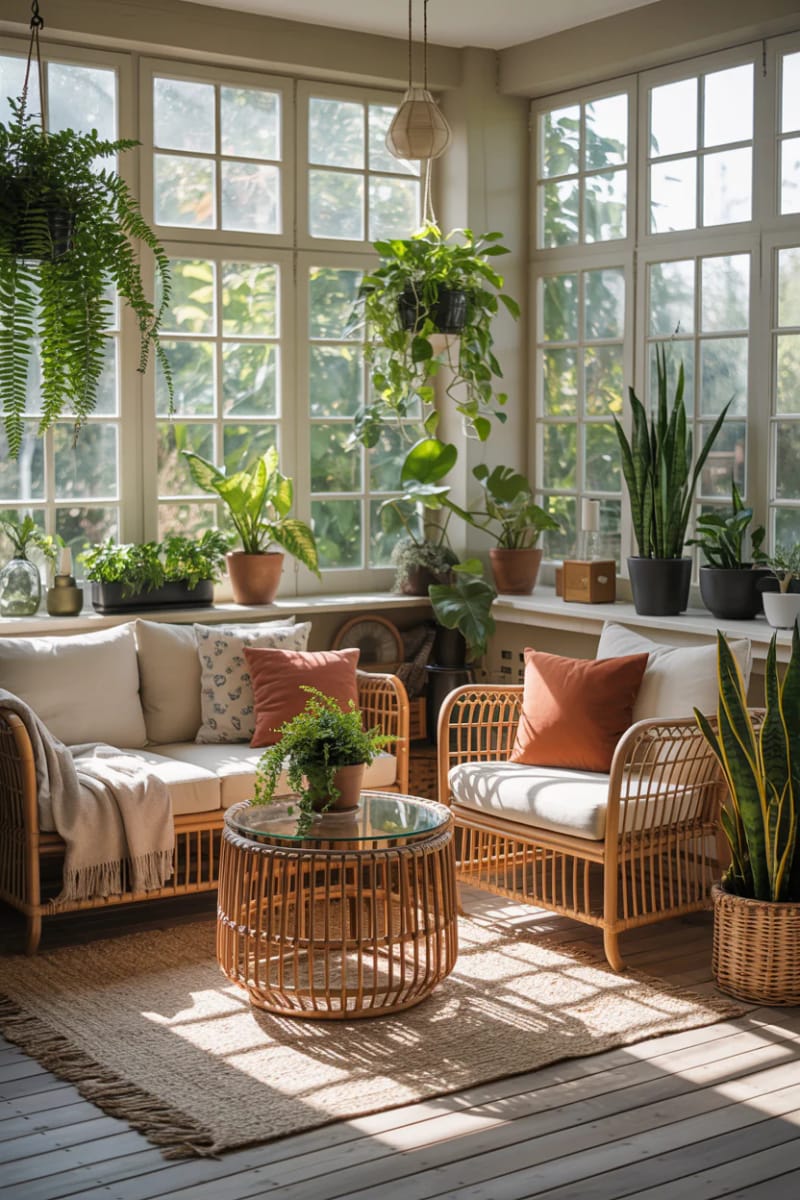 19 small winter garden ideas to lighten small rooms 5 Rattan furniture and over -shining plants for a cozy small winter garden retreat 1