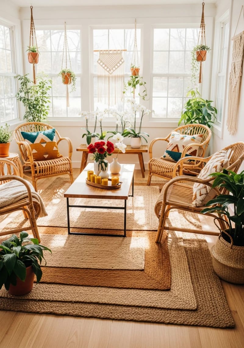 15 beautiful winter garden decoration ideas to refresh your home 5 Rattan Lounge chairs and layered Jute carpets for a cozy boho atmosphere 1
