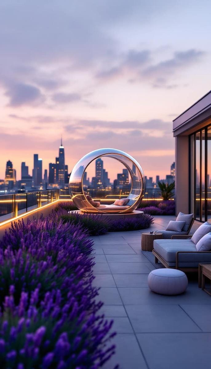 23 verträumte Dachterrasse -Designs für modernes Leben im Freien 50 Meditationsschote auf dem Dach, umgeben von aromatischen Lavendelbetten 1