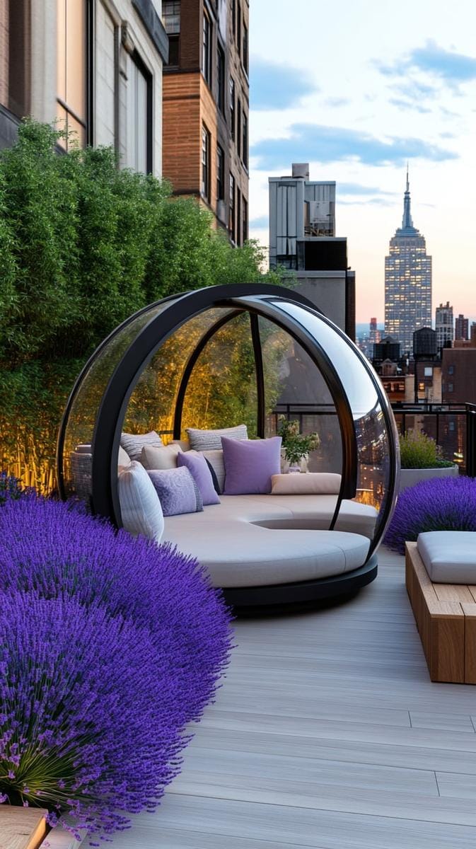 23 verträumte Dachterrasse Designs für modernes Outdoor -Leben 51 Meditationsschote auf dem Dach, umgeben von aromatischen Lavendelbetten 1