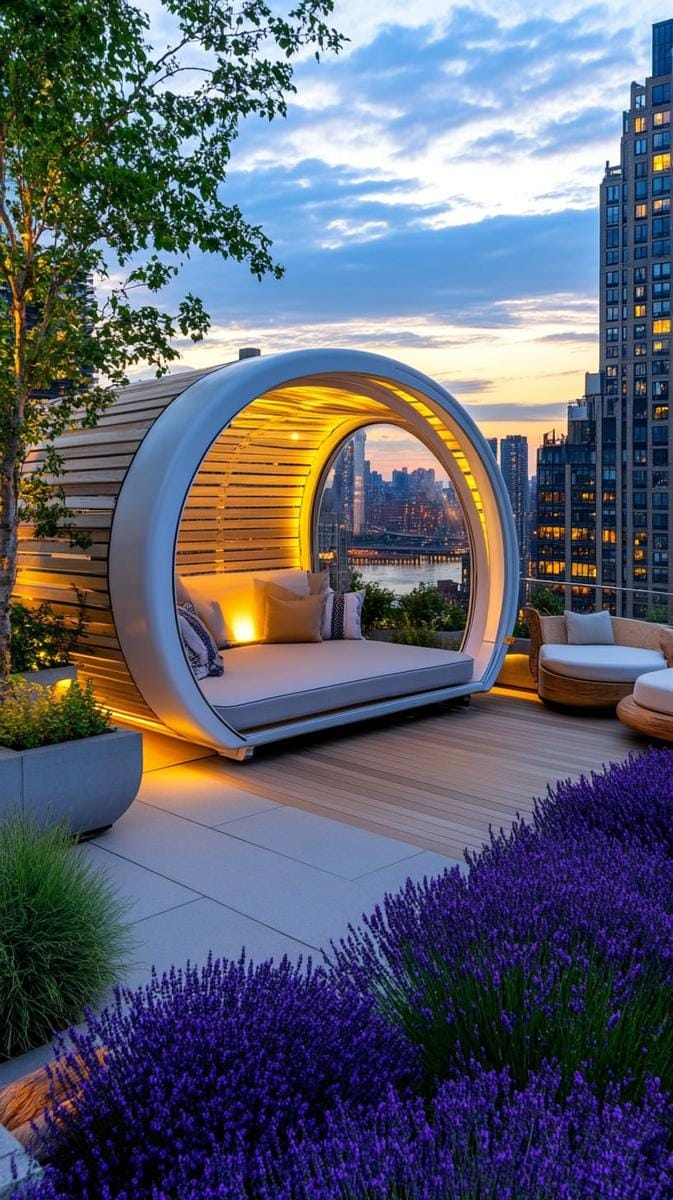 23 verträumte Dachterrasse Designs für modernes Outdoor -Leben 52 Meditationsschote auf dem Dach, umgeben von aromatischen Lavendelbetten 1