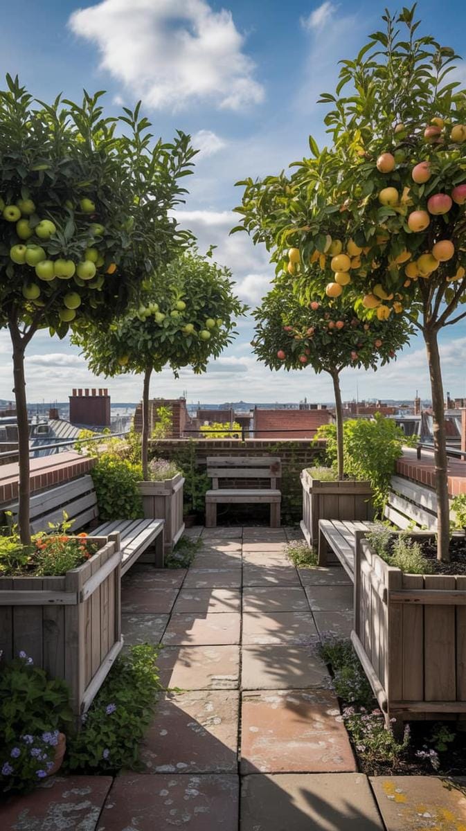23 verträumte Dachterrasse -Designs für modernes Leben im Freien 64 Obstgarten auf dem Dach mit Zwerg -Obstbäumen und rustikalen Bänken 1
