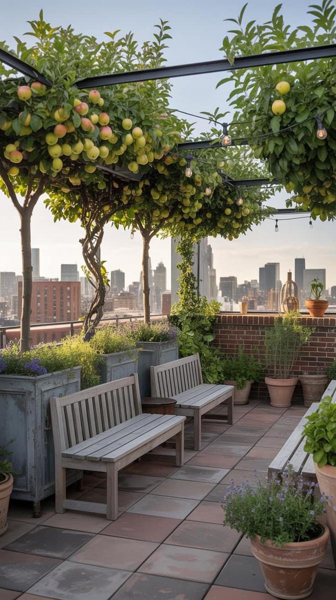 23 verträumte Dachterrasse -Designs für modernes Leben im Freien 65 Obstgarten auf dem Dach mit Zwerg -Obstbäumen und rustikalen Bänken 1