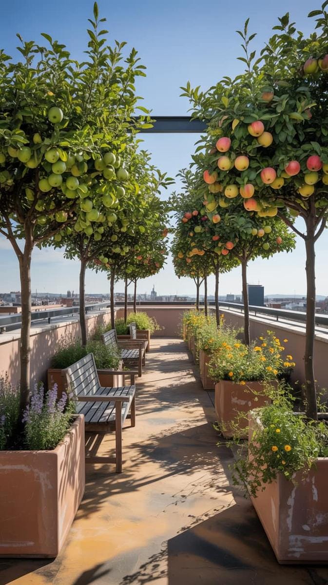 23 verträumte Dachterrasse Designs für modernes Outdoor -Leben 66 Obstgarten auf dem Dach mit Zwerg -Obstbäumen und rustikalen Bänken 1