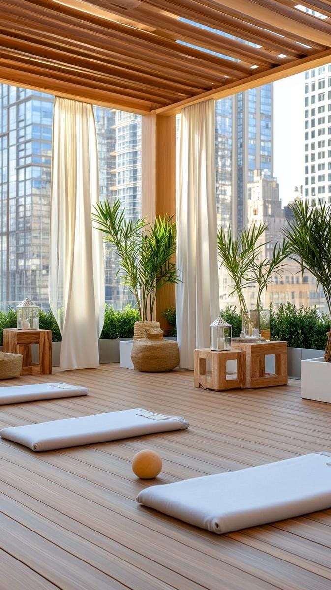 23 verträumte Dachterrasse Designs für modernes Leben im Freien 21 Yoga-Heiligtum auf dem Dach mit Naturholzdecks und niedrigen Profilbänken 1