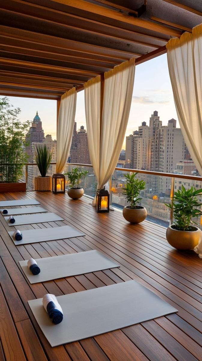 23 verträumte Dachterrasse Designs für modernes Leben im Freien 22 Yoga-Heiligtum auf dem Dach mit Naturholzdecks und niedrigen Profilbänken 1