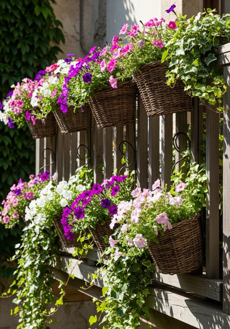 15 unique balcony with hanging plants for urban rooms 12 Rustic baskets overcrowded with flowering Petunias and Ivy 1