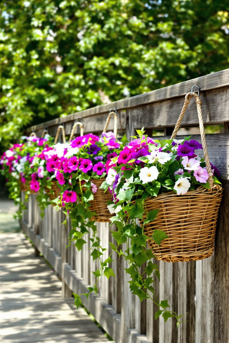 15 unique balcony with hanging plants for urban rooms 10 Rustic baskets overcrowded with flowering Petunias and Ivy 1
