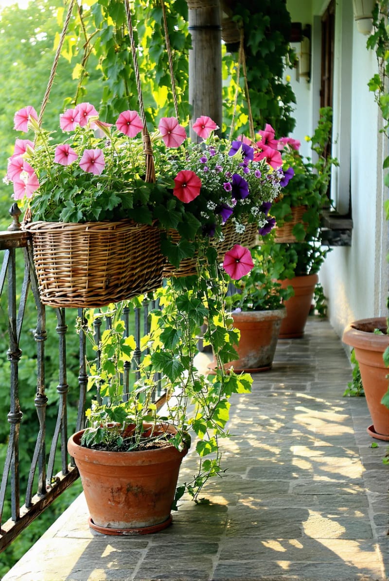 15 unique balcony with hanging plants for urban rooms 11 Rustic baskets overcrowded with flowering Petunias and Ivy 1