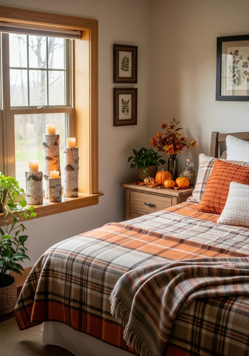 21 Cozy autumn bedroom decoration ideas for autumn 25 Rustic birch block candle holder on window sills 1