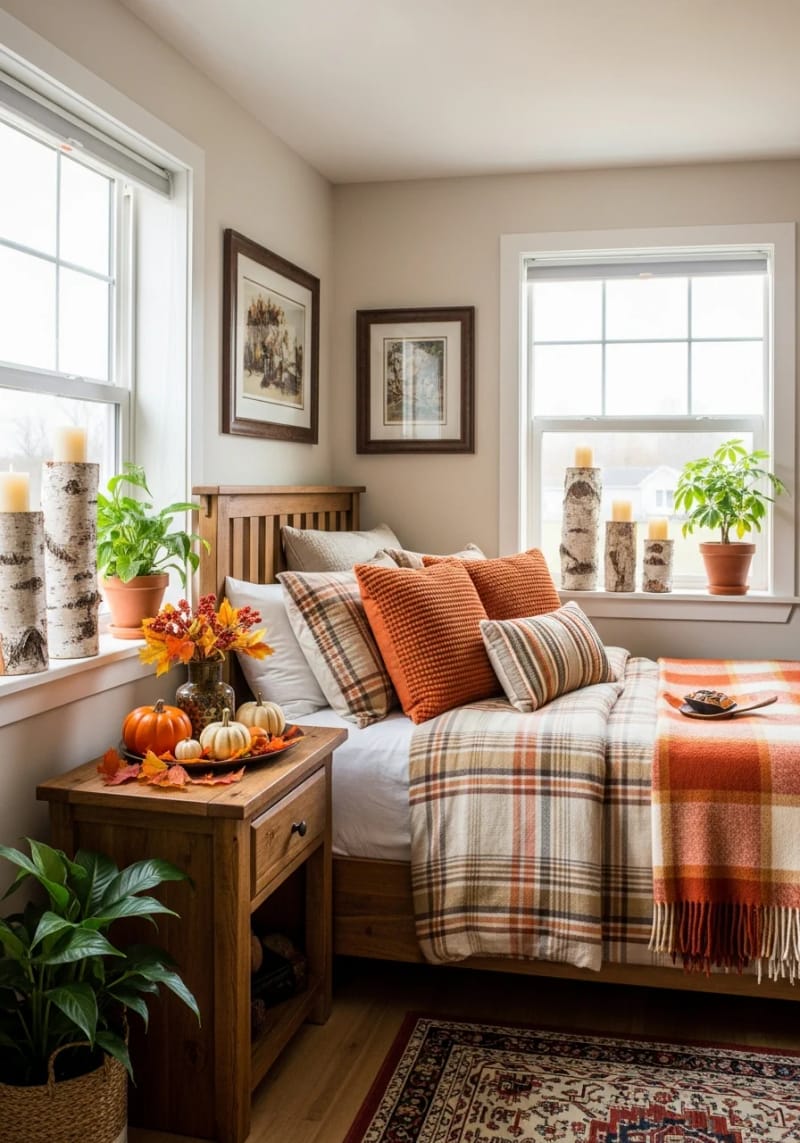 21 Cozy autumn bedroom decoration ideas for trying on 26.26. Rustic birch block candle holder on window sills 1