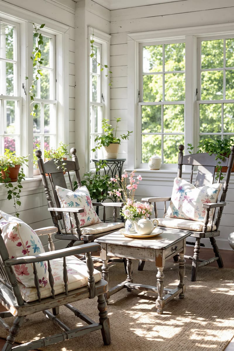 19 small conservatory ideas to lighten small rooms 36 Rustic cottage charm with non -matching antique chairs and flower pillows 1